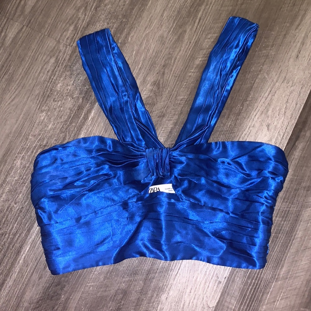 Zara Royal Blue Satin Pleated Halter Crop Top - Picture 3 of 6
